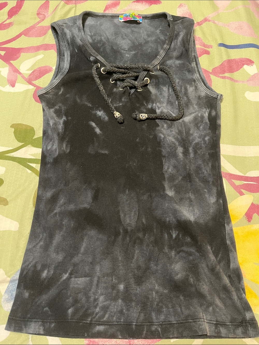 WESC Black Tie-Dye Lace-Up Ribbed Tank Top Vintage 80’s!!